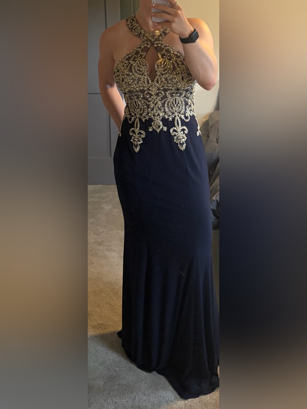 Xscape Metallic Lace and Jersey Round Neck Halter Gown